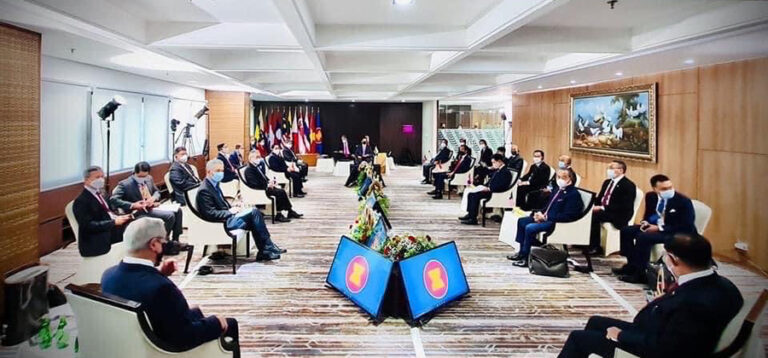 Leaders of Southeast Asian nations attend the ASEAN meeting on Saturday in Jakarta. Myanmar coup leader Snr-Gen Min Aung Hlaing is seated in the foreground at right. / BPMI Setpres