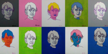 One of the works by Hlaing Bwa, featuring 73 small pop art-inspired depictions of Daw Aung San Suu Kyi, that is part of an exhibition being held to celebrate the state counselor’s 73rd birthday. / The Irrawaddy