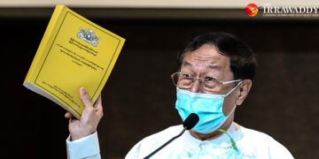 Union Election Commission Chairman U Hla Thein speaks to political parties at a meeting in Yangon on June 27. / Myo Min Soe / The Irrawaddy