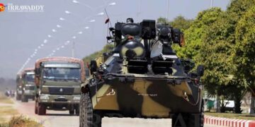 Military trucks and armored personnel carriers are deployed in Naypyitaw. / The Irrawaddy