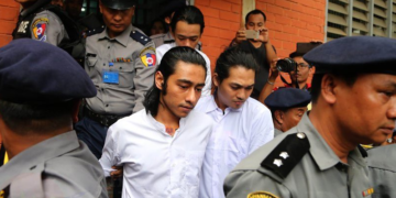 The three suspects in the murder of Ko Aung Yell Htwe are brought to their trial at the Thingangyun Township Court in Yangon in January. / The Irrawaddy