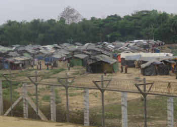 Several thousand Rohingya are encamped behind two barbed-wire fences in northern Maungdaw's Taungpyo Let Wei town. / Moe Myint / The Irrawaddy