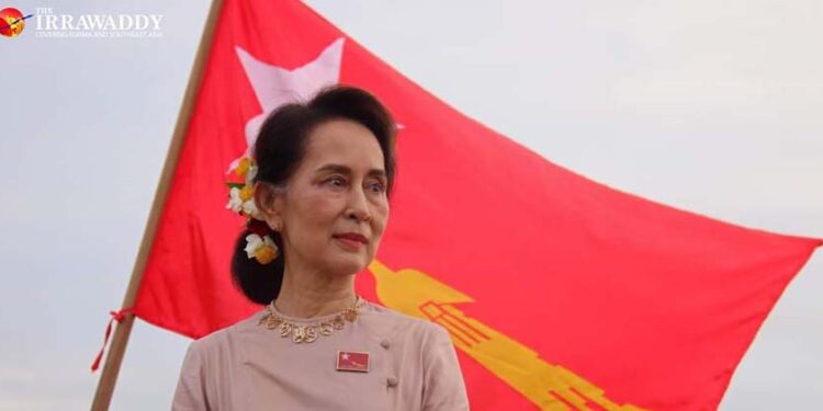 Daw Aung San Suu Kyi, chairperson of Myanmar’s ruling National League for Democracy, attends the party's flag-hoisting ceremony at the NLD’s Naypyitaw headquarters. / Thiha Lwin / The Irrawaddy