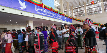 Ethnic women arrive at the Panglong Peace Conference in Naypyitaw in July 2018. / Htet Wai / The Irrawaddy
