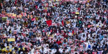 Anti-regime protesters gather in downtown Yangon on Feb. 17. / The Irrawaddy