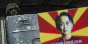 Myanmar military coup leader Snr-Gen Min Aung Hlaing greets Russian Deputy Defense Minister Colonel General Alexander Vasilyevich Fomin and delegation members during the Armed Forces Day reception in Naypyitaw on Saturday. / Snr-Gen Min Aung Hlaing website