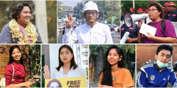 Top, from left to right: Detained Protest leader Ko Wai Moe Naing, actor Zin Wyne, activist Daw Myo Aye. Bottom, from left to right: a final year medical student, singer Po Po, a final year medical student, a dental student.