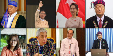 Top row, left to right: Mahn Win Khaing Than, U Win Myint, Daw Aung San Suu Kyi, Duwa Lashi La. Bottom row, left to right: Daw Zin Mar Aung, Dr. Lian Hmung Sakhong, Dr Zaw Wai Soe, Dr. Tu Hkawng