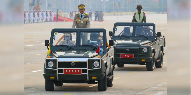 Myanmar coup leader Snr-Gen Min Aung Hlaing during the Armed Forces Day parade in Naypyitaw in March 2021.