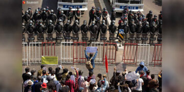 Protesters demonstrate against Myanmar’s military coup. / The Irrawaddy