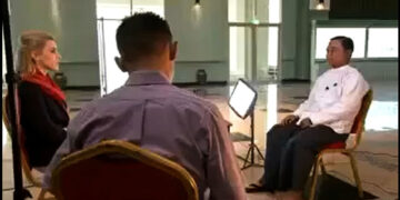 A screengrab from the video: CNN's Clarissa Ward (left) talks to regime spokesperson Brig-Gen Zaw Min Tun (right).