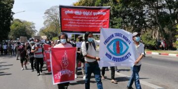 Myanmar Journalists in Yangon participate the nationwide anti-coup demonstration against the military rule. / Lynn Hset Aung