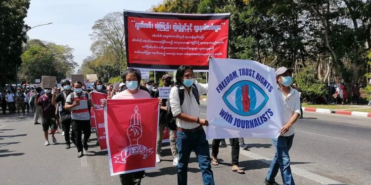 Myanmar Journalists in Yangon participate the nationwide anti-coup demonstration against the military rule. / Lynn Hset Aung