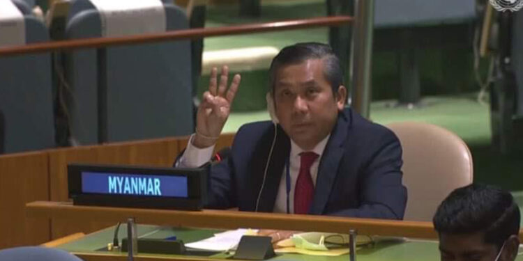 Myanmar Ambassador to the UN U Kyaw Moe Tun denounces the military’s seizure of power at a UN General Assembly meeting on Feb. 26.