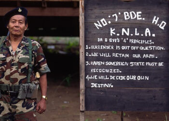 Major General Saw Htay Maung at his KNLA brigade headquarters on the Thai border in 1997. / Uzo Uda