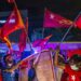 Hundreds of NLD supporters celebrate the party’s election victory in front of the NLD’s Yangon office. / Htet Wai / The Irrawaddy
