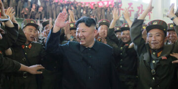 North Korean leader Kim Jong Un reacts with scientists and technicians of the DPRK Academy of Defence Science after the test-launch of the intercontinental ballistic missile Hwasong-14 in this undated photo released by North Korea’s Korean Central News Agency (KCNA) in Pyongyang July 5, 2017. / KCNA / via Reuters
