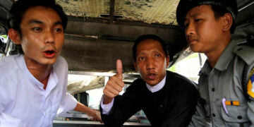 Win Ko Ko Latt (right) and Naing Wun Tun (left) were sentenced to six months in prison for protesting without permission. / May Sitt Paing / The Irrawaddy