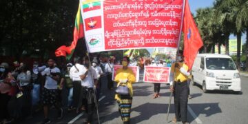 Buddhist nationalists protest in solidarity with Myanmar’s military in Yangon on Monday. / The Irrawaddy