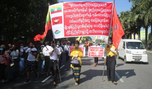 Buddhist nationalists protest in solidarity with Myanmar’s military in Yangon on Monday. / The Irrawaddy