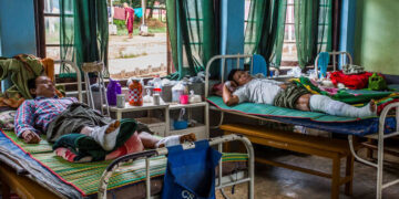 Landmine victims are treated in a hospital in Kyaukme town last month. / Htet Wai / The Irrawaddy
