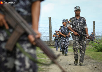 Myanmar security forces patrol near the Bangladeshi border in northern Rakhine. / The Irrawaddy