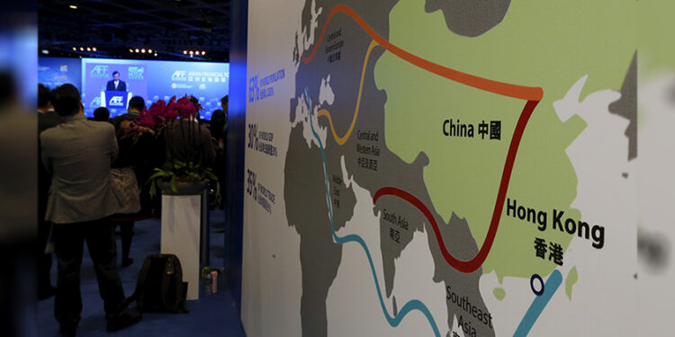 A map illustrating China's Belt and Road Initiative is displayed at the Asian Financial Forum in Hong Kong, China, on Jan. 18, 2016. / Reuters