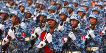 Soldiers take part in the Myanmar Armed Forces Day Parade in Naypyitaw in 2018. / Myo Min Soe / The Irrawaddy