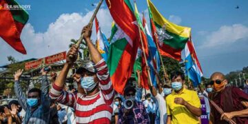 Pro-military protesters march in Yangon on Jan. 30, 2021. / Htet Wai / The Irrawaddy