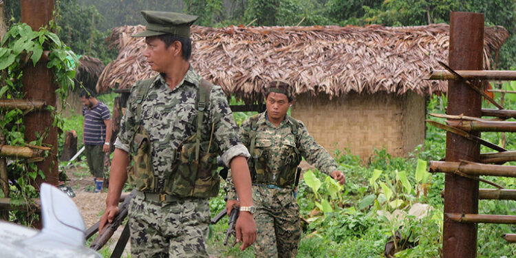 Members from KIA Battalion 14 securing a mining area in Tanai. / Lawi Weng / The Irrawaddy