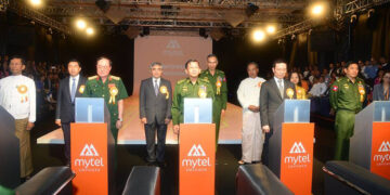 Army chief Snr-Gen Min Aung Hlaing (center) attends Mytel’s launch at the Pullman Yangon Centerpoint hotel in Yangon in June 2018. / Snr-Gen Min Aung Hlaing / Facebook
