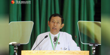 Union Solidarity and Development Party chair U Than Htay at a party conference. / Htet Naing Zaw / The Irrawaddy