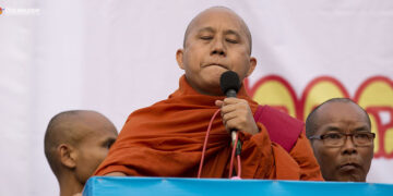 U Wirathu speaks at the rally against amending Article 59 (f) of 2008 Constitution in Yangon on May 5, 2019. / Htet Wai / The Irrawaddy