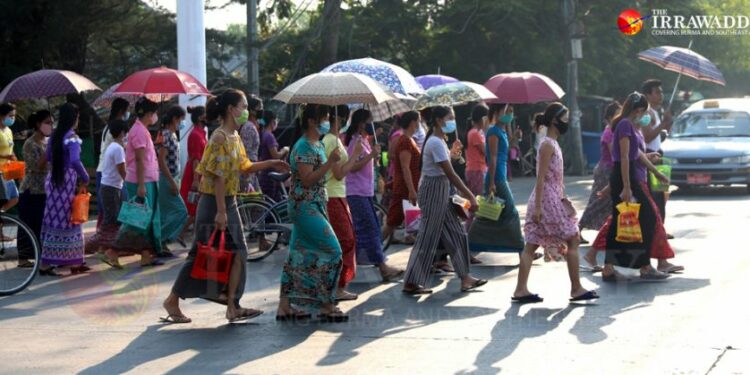 Factory workers in Hlaing Tharyar Township in Yangon on April 20. / Myo Min Soe / The Irrawaddy