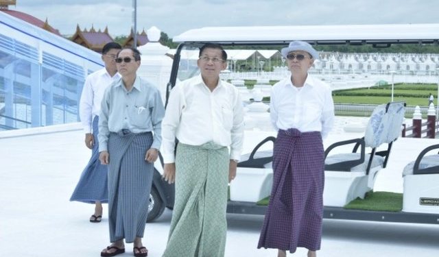 From left, the regime’s acting president Myint Swe, Min Aung Hlaing and ex-president Thein Sein at the Maravijaya Buddha Park in Naypyitaw on Sunday. / Cincds