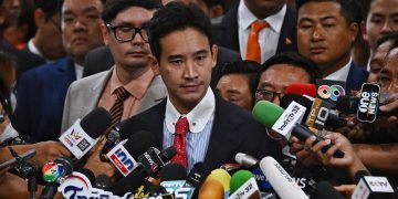 Move Forward Party Leader Pita Limjaroenrat speaks to the media at the Thai Parliament in Bangkok on July 13, 2023. / AFP