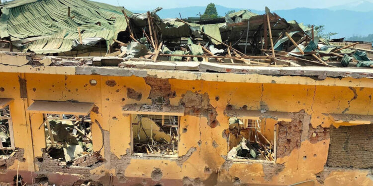 Wun Ma Thuu Public Hospital in Chin State's MIndat Township after being bombed by junta fighter jets on April 25.   / Mindat Township Civilian Administration Group