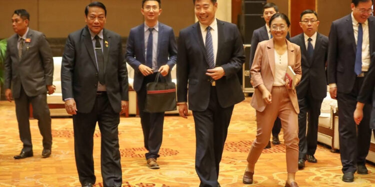 USDP Chairman U Khin Yi and officials from the Dezhou Municipal Committee are seen at the municipal office following a meeting in Dezhou, China on June 20, 2025. / USDP